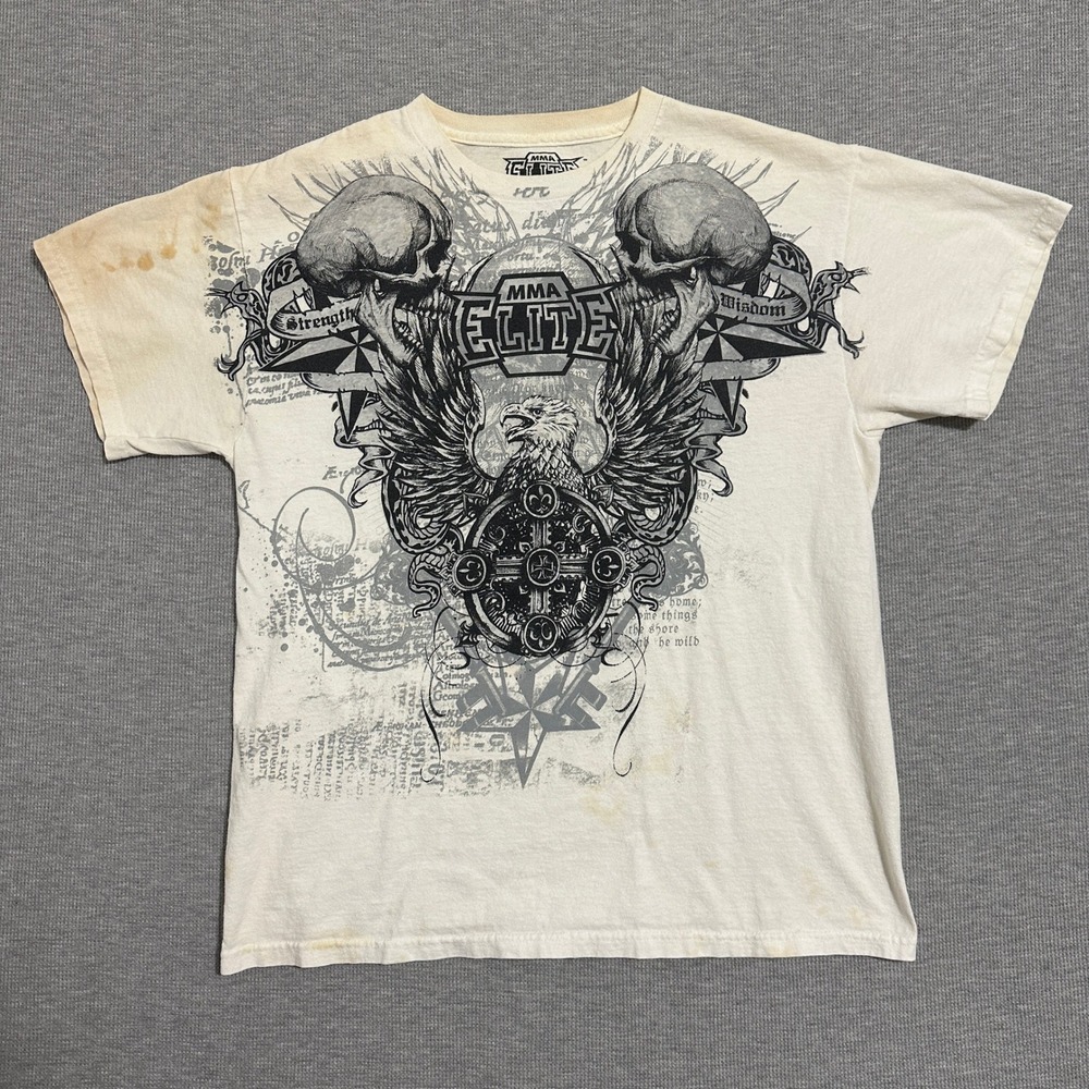 Y2K MMA Elite Skull Eagle Cross AOP Graphic Tee Off White Streetwear Mens Medium
